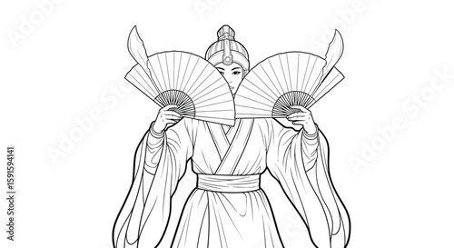 Ancient Chinese Warrior Lady Fan Blades Intricate Adult Coloring Page Historical Heroine