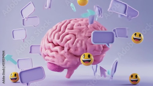 Brain surrounded by speech bubbles and emojis in a modern design  