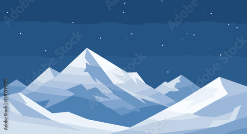 Majestic snowy mountain peaks under starry night sky with minimalist design