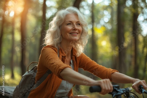 Happy senior woman sitting on a bicycle in the forest, applying sunscreen to her arms while enjoying an outdoor ride,  an active and healthy lifestyle, Generative AI