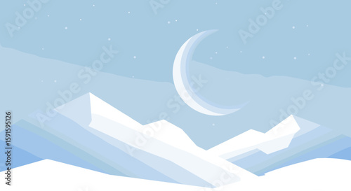 Serene winter night with crescent moon and snowy mountains under starry sky