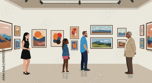 Visitors in a contemporary art gallery viewing modern paintings on display