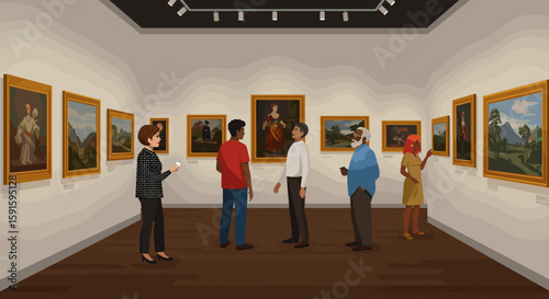 Art enthusiasts exploring a gallery exhibition with classic paintings on display