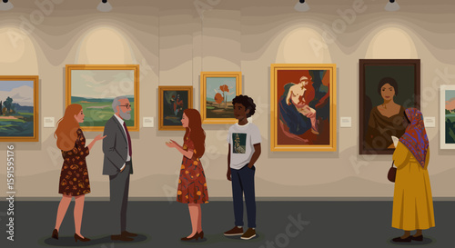 Diverse group of visitors engaging in art gallery exhibition