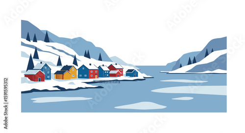 Idyllic scandinavian winter village by the fjord in flat design art style