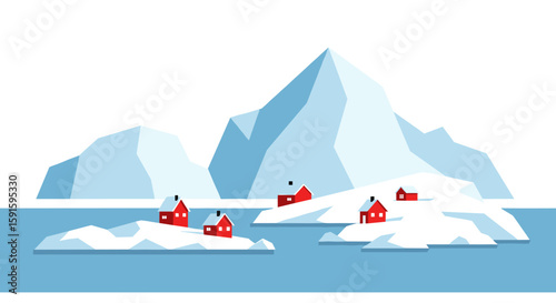 Minimalist arctic landscape with red houses on icebergs in calm waters
