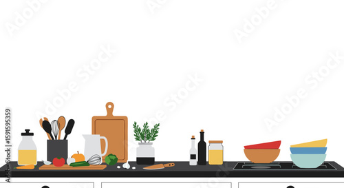 Modern kitchen countertop with cooking utensils in flat design