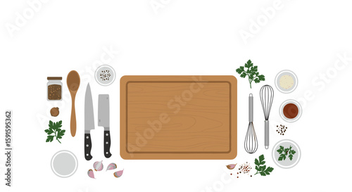Culinary preparation setup with knife and cutting board