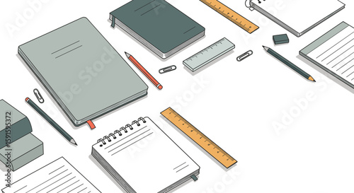 Stylish office desk items with notebooks, pencils, and rulers in modern isometric layout