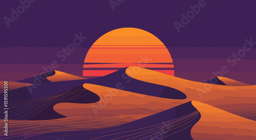 Vibrant desert sunset with rolling sand dunes in a minimalist style
