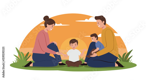 Happy family sitting on grass at sunset in flat cartoon style