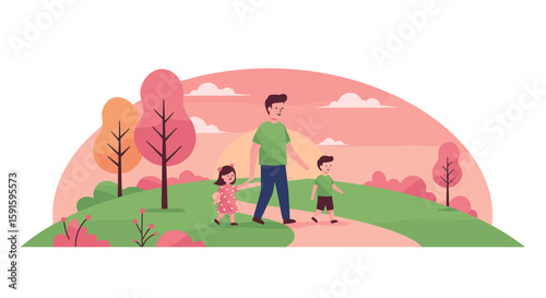 Family stroll in pastel park landscape with sunset and trees