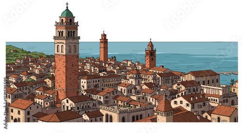 Coastal european cityscape with historic towers and red roofs