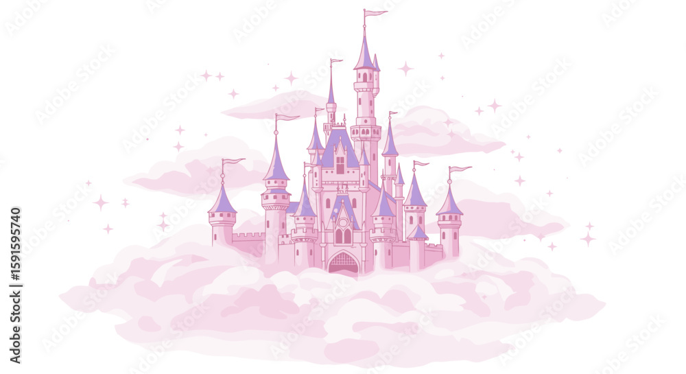 Obraz premium Dreamy pink castle surrounded by clouds and sparkles in fantasy theme