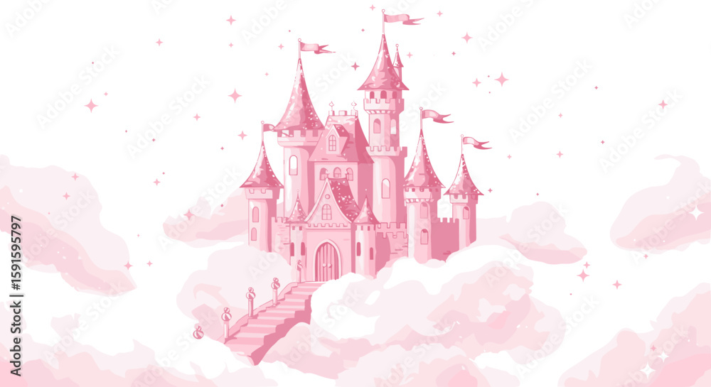 Fototapeta premium Magical pink castle among clouds with sparkling stars
