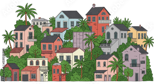 Charming colorful houses with lush greenery in a picturesque neighborhood