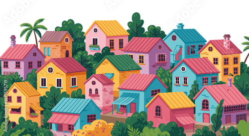 Charming colorful houses nestled amidst lush greenery in a vibrant neighborhood