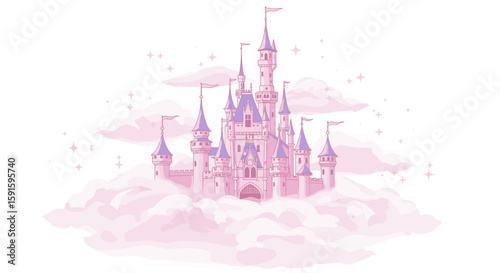 Dreamy pink castle surrounded by clouds and sparkles in fantasy theme