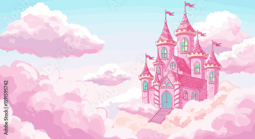 Enchanted pink castle in clouds with dreamy sky and whimsical architecture