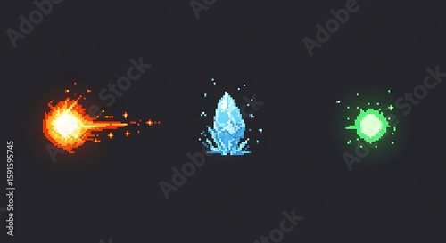 Pixelated elemental attacks showcase fire, ice, and energy in pixel art style, perfect for games and animation.