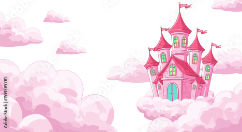 Whimsical pink castle floating in dreamy cloudscape for fantasy themes
