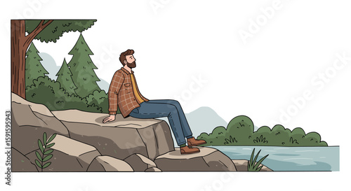 Relaxed man in nature scene: serene woodland adventure with bearded explorer