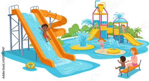 Children enjoying water park attractions with slides and splash area on a sunny day