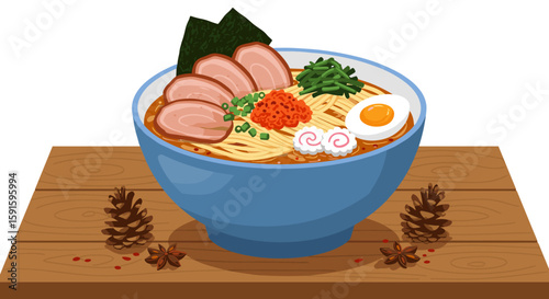 Delicious bowl of ramen with toppings on wooden table