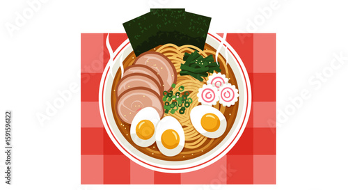 Delicious japanese ramen bowl with eggs and nori on red checkered tablecloth