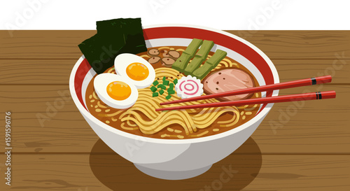 Delicious traditional japanese ramen with toppings in bowl on wooden table