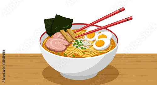 Delicious bowl of ramen with eggs and nori on wooden table
