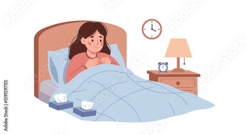 Woman in bed feeling unwell holding blanket surrounded by tissues