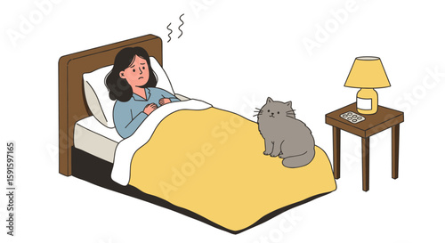 Cozy bedtime scene with woman feeling sick and cat companion in warm room