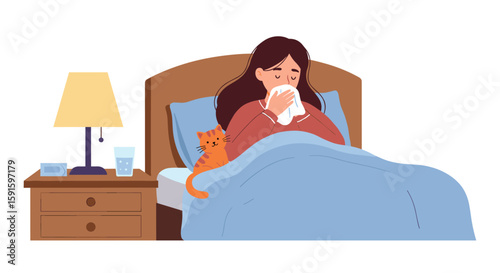 Woman in bed with cold and cat companion in cozy bedroom scene