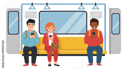 People commuting on subway using smartphones in flat cartoon style