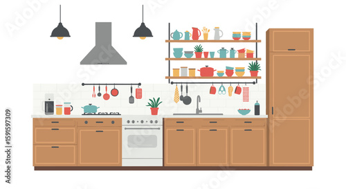 Modern flat kitchen design with rustic elements and functional storage