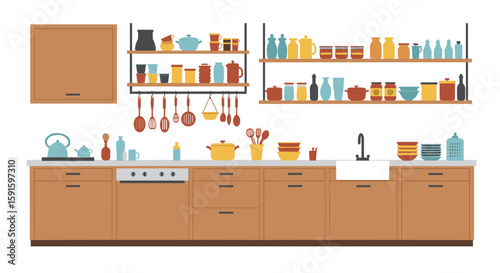 Modern kitchen interior with minimalist shelves and colorful kitchenware