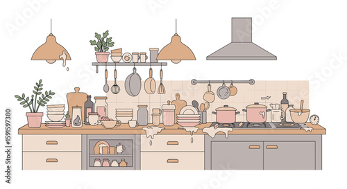 Messy kitchen counter with dirty dishes in minimalist flat design