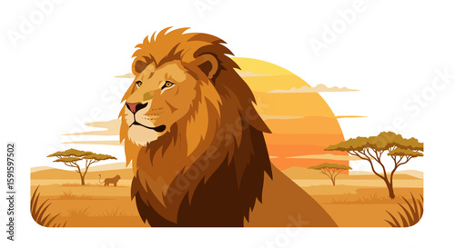 Majestic lion at sunset in african savannah landscape with acacia trees