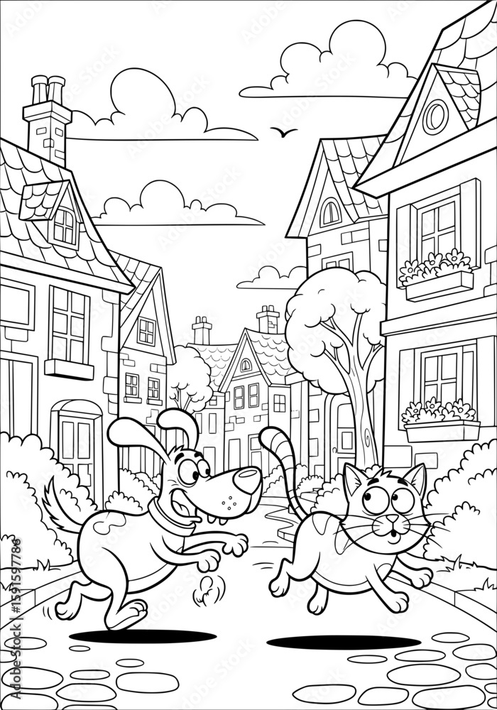 Fototapeta premium the dog runs after the cat down the street. coloring book