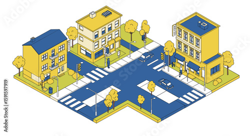 Colorful isometric urban neighborhood with buildings and streets