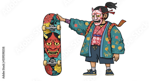 Street style: oni masked skater with floral kimono and skateboard