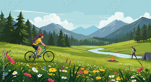 Scenic mountain adventure with cyclist and hiker in vibrant summer meadow