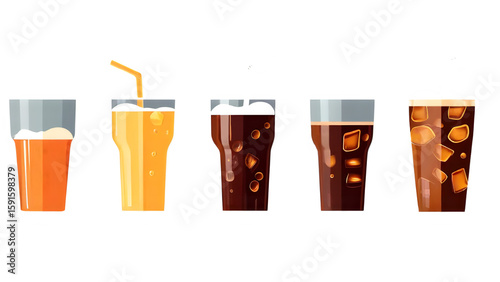 Collection of various glasses filled with cola, isolated on a white background. Banner design