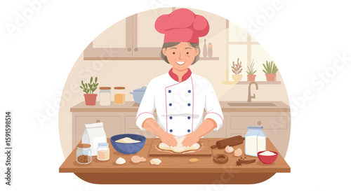 Smiling chef baking in cozy kitchen with fresh ingredients
