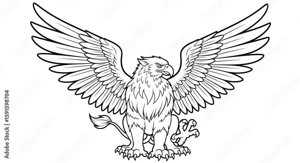 Obraz premium Majestic Griffin Outstretched Wings Detailed Adult Coloring Page Fantasy Mythology Powerful