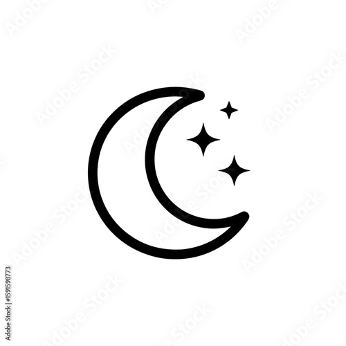 Minimalistic black and white line art illustration of crescent moon and stars  