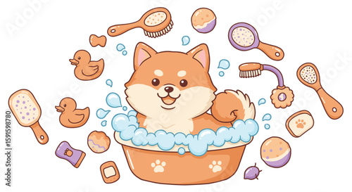 Cute dog bath time with floating toys and accessories in cartoon style