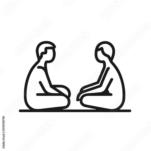 Two people sitting and talking in minimalistic line art style  