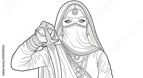 Indian Rajput Warrior Princess with Dagger Coloring Page for Adults Historical Art